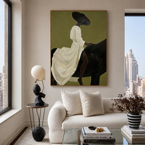 Lady in White on Black Horse Wall Art styled interior scene 2 | OILDECO