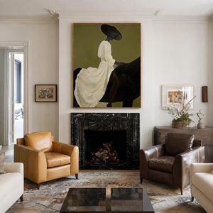 Lady in White on Black Horse Wall Art styled interior scene 3 | OILDECO