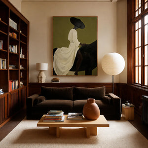 Lady in White on Black Horse Wall Art styled interior scene 4 | OILDECO
