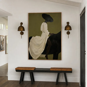Lady in White on Black Horse Wall Art styled interior scene 5 | OILDECO