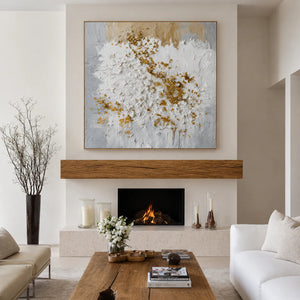 Golden Blossom White Textured Wall Art styled interior scene 2 | OILDECO