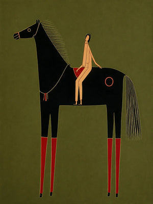 Olive Horse and Rider Folk Wall Art artwork view | OILDECO