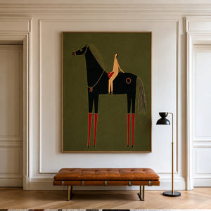 Olive Horse and Rider Folk Wall Art styled interior scene 1 | OILDECO