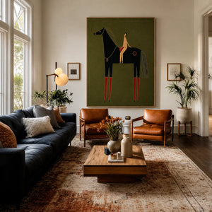 Olive Horse and Rider Folk Wall Art styled interior scene 2 | OILDECO