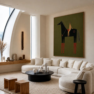 Olive Horse and Rider Folk Wall Art styled interior scene 4 | OILDECO