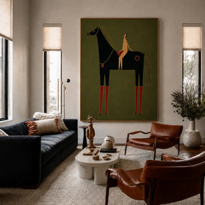 Olive Horse and Rider Folk Wall Art styled interior scene 5 | OILDECO