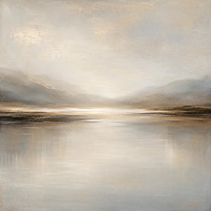 Luminous Gold Horizon and Misty Mountains Wall Art artwork view | OILDECO