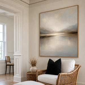 Luminous Gold Horizon and Misty Mountains Wall Art styled interior scene 1 | OILDECO