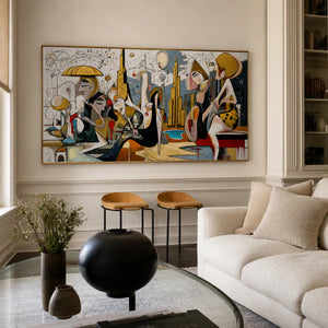 Lively Gathering Panoramic Wall Art styled interior scene 1 | OILDECO