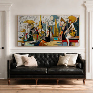 Lively Gathering Panoramic Wall Art styled interior scene 2 | OILDECO