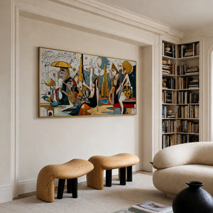 Lively Gathering Panoramic Wall Art styled interior scene 3 | OILDECO