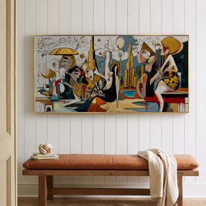 Lively Gathering Panoramic Wall Art styled interior scene 4 | OILDECO