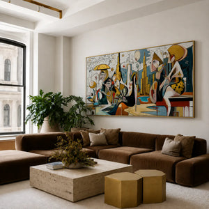Lively Gathering Panoramic Wall Art styled interior scene 5 | OILDECO