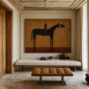 Still Horizon Black Horse Folk Wall Art styled interior scene 2 | OILDECO