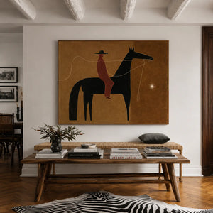Still Horizon Black Horse Folk Wall Art styled interior scene 5 | OILDECO