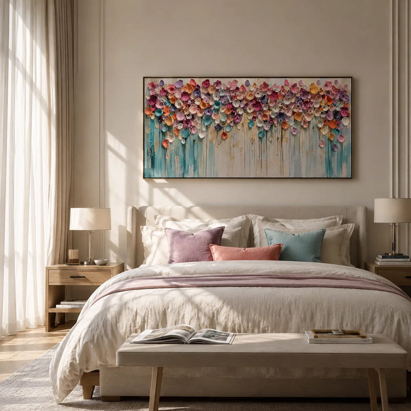 Bloom Cascade Floral Wall Art shown in a calm bedroom setting | Oildeco