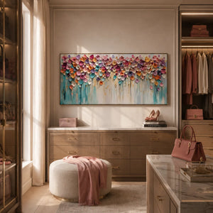 Bloom Cascade Floral Wall Art shown in a calm bedroom setting | Oildeco