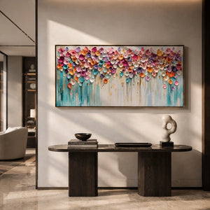 Bloom Cascade Floral Wall Art styled in a contemporary entryway | Oildeco