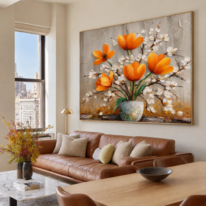 Amber Poppies Textured Floral Wall Art styled interior scene 1 | OILDECO
