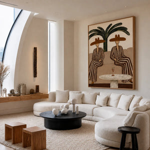 Palm Shade Conversation Folk Wall Art styled interior scene 2 | OILDECO
