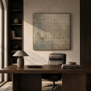 Rivet Grid Textured Wall Art shown in a quiet home office | Oildeco