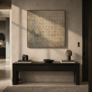 Rivet Grid Textured Wall Art shown in a calm bedroom setting | Oildeco