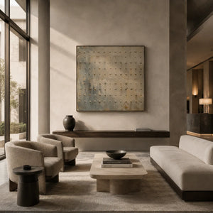 Rivet Grid Textured Wall Art displayed in a bright dining room | Oildeco