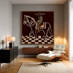 Checkered Trail Horse Rider Folk Wall Art styled interior scene 1 | OILDECO