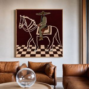 Checkered Trail Horse Rider Folk Wall Art styled interior scene 2 | OILDECO