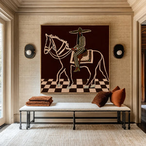 Checkered Trail Horse Rider Folk Wall Art styled interior scene 4 | OILDECO