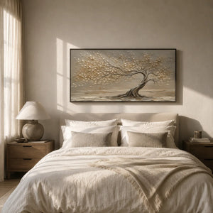 Windlit Tree Botanical Wall Art shown in a calm bedroom setting | Oildeco