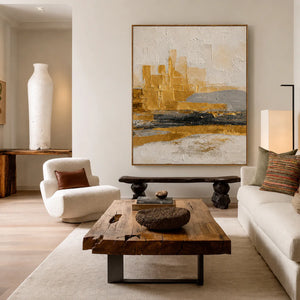 Ochre Skyline Textured Abstract Wall Art styled interior scene 1 | OILDECO