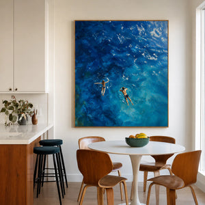 Two Swimmers in Deep Blue Water Wall Art styled interior scene 2 | OILDECO