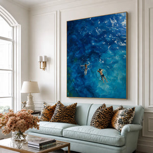 Two Swimmers in Deep Blue Water Wall Art styled interior scene 3 | OILDECO