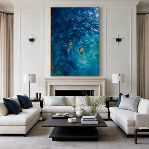 Two Swimmers in Deep Blue Water Wall Art styled interior scene 5 | OILDECO
