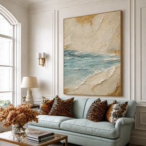 Aqua Tide and Golden Sand Textured Wall Art styled interior scene 3 | OILDECO