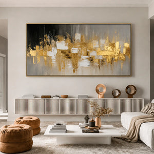 Gold Mosaic on Charcoal Panoramic Abstract Wall Art styled interior scene 1 | OILDECO
