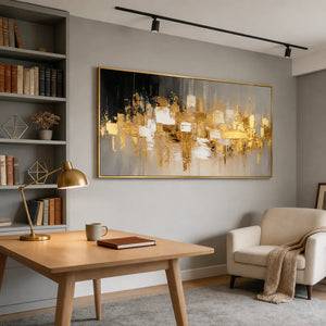 Gold Mosaic on Charcoal Panoramic Abstract Wall Art styled interior scene 2 | OILDECO