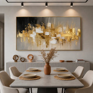 Gold Mosaic on Charcoal Panoramic Abstract Wall Art styled interior scene 3 | OILDECO