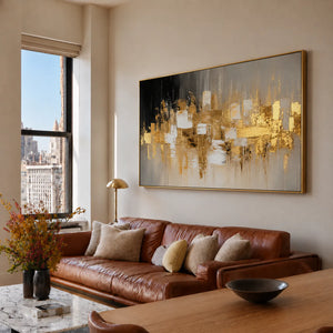Gold Mosaic on Charcoal Panoramic Abstract Wall Art styled interior scene 4 | OILDECO