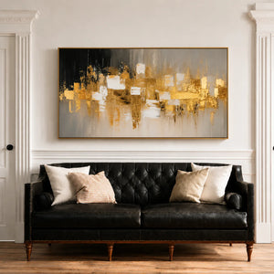 Gold Mosaic on Charcoal Panoramic Abstract Wall Art styled interior scene 5 | OILDECO