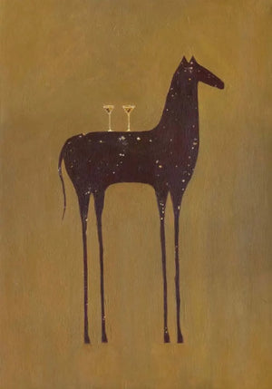 Long-Legged Horse with Two Glasses on Ochre Wall Art artwork view | OILDECO