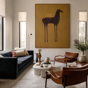 Long-Legged Horse with Two Glasses on Ochre Wall Art styled interior scene 1 | OILDECO