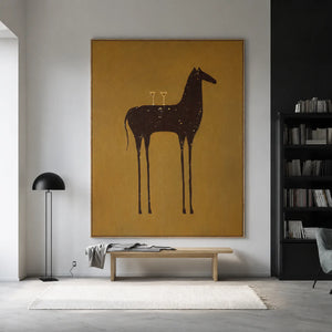 Long-Legged Horse with Two Glasses on Ochre Wall Art styled interior scene 2 | OILDECO