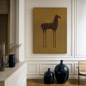 Long-Legged Horse with Two Glasses on Ochre Wall Art styled interior scene 3 | OILDECO