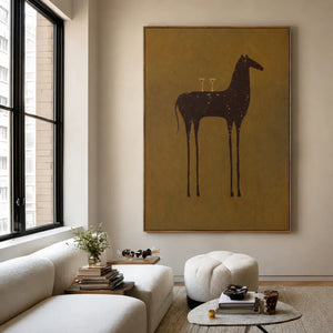 Long-Legged Horse with Two Glasses on Ochre Wall Art styled interior scene 4 | OILDECO