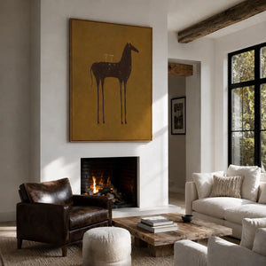 Long-Legged Horse with Two Glasses on Ochre Wall Art styled interior scene 5 | OILDECO