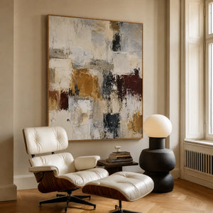 Ochre and Burgundy Blocks on Ivory Abstract Wall Art styled interior scene 1 | OILDECO