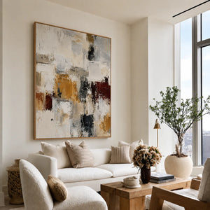 Ochre and Burgundy Blocks on Ivory Abstract Wall Art styled interior scene 2 | OILDECO