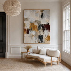 Ochre and Burgundy Blocks on Ivory Abstract Wall Art styled interior scene 3 | OILDECO